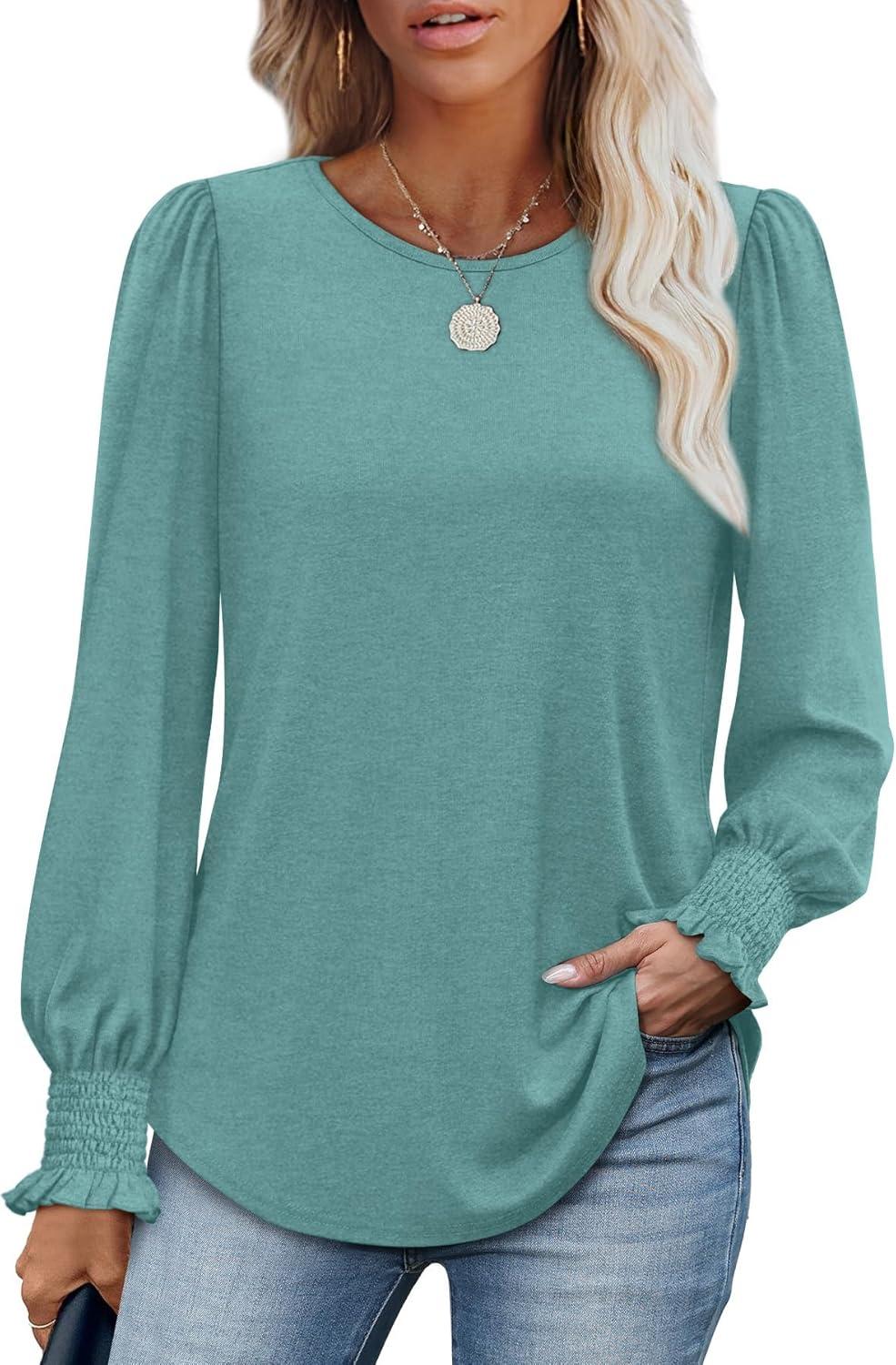 imageXIEERDUO Blouses for Women Dressy Casual Long Sleeve Shirts Fashion Clothing Puff Sleeve Tunic Tops with Smocked CuffsFblue Green