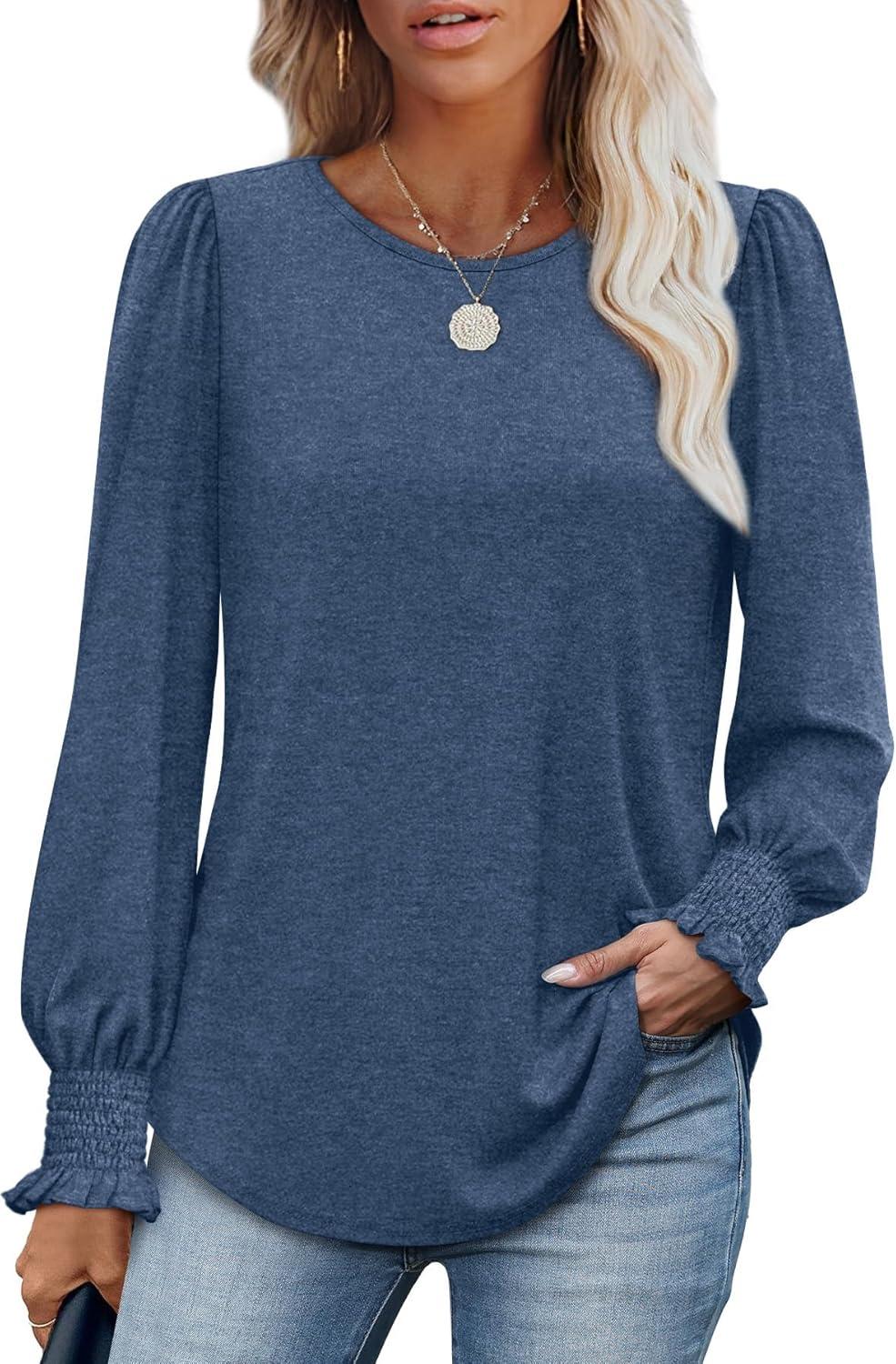 imageXIEERDUO Blouses for Women Dressy Casual Long Sleeve Shirts Fashion Clothing Puff Sleeve Tunic Tops with Smocked CuffsHblue