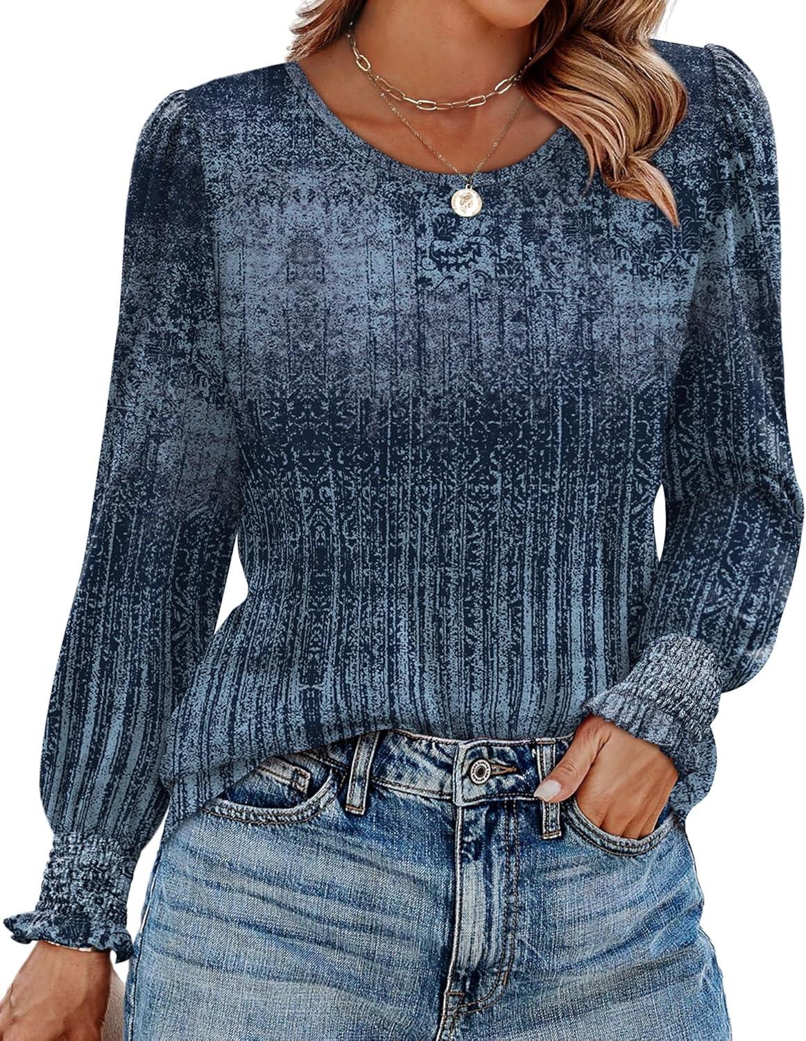 imageXIEERDUO Blouses for Women Dressy Casual Long Sleeve Shirts Fashion Clothing Puff Sleeve Tunic Tops with Smocked CuffsNavy Print