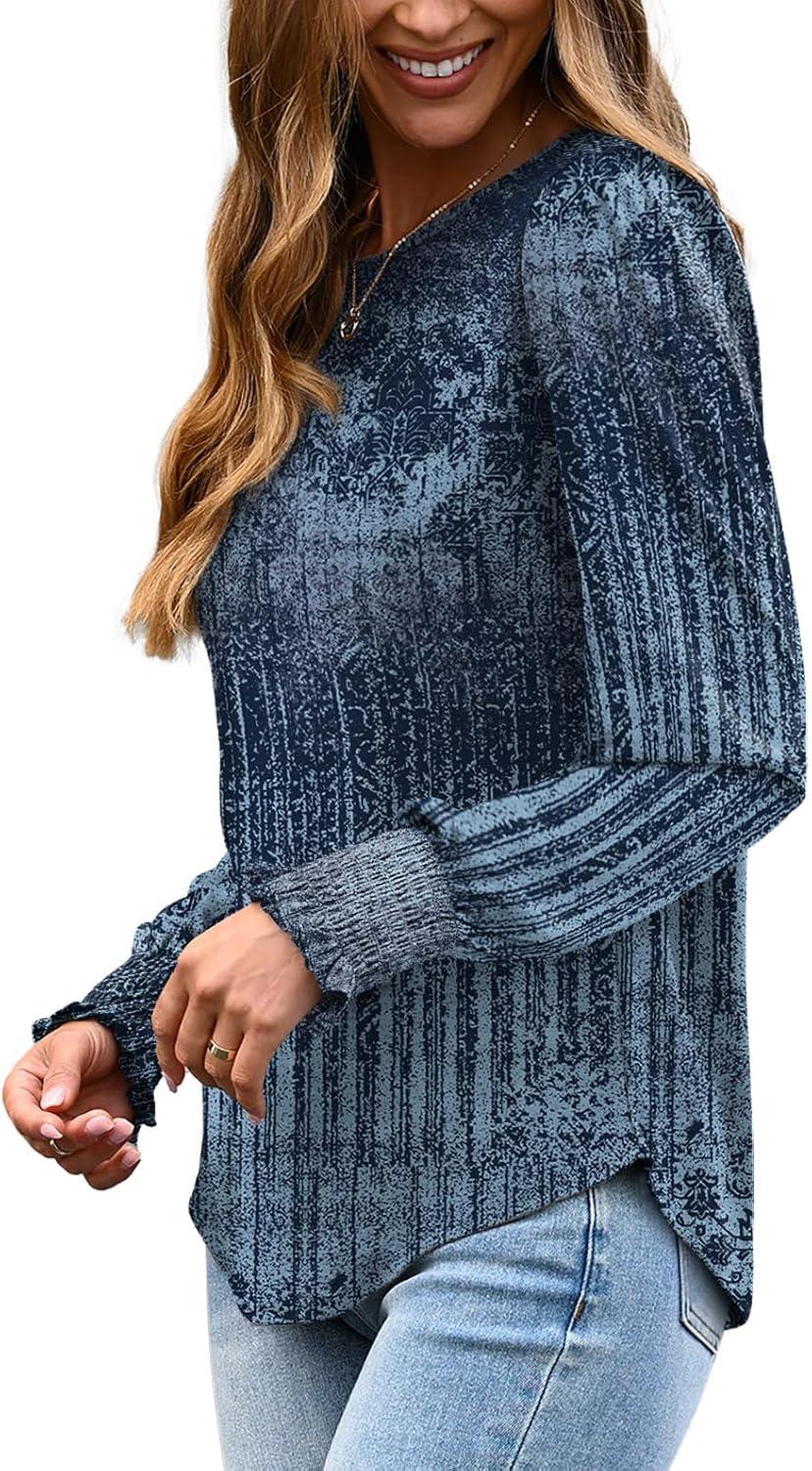 imageXIEERDUO Blouses for Women Dressy Casual Long Sleeve Shirts Fashion Clothing Puff Sleeve Tunic Tops with Smocked CuffsNavy Print