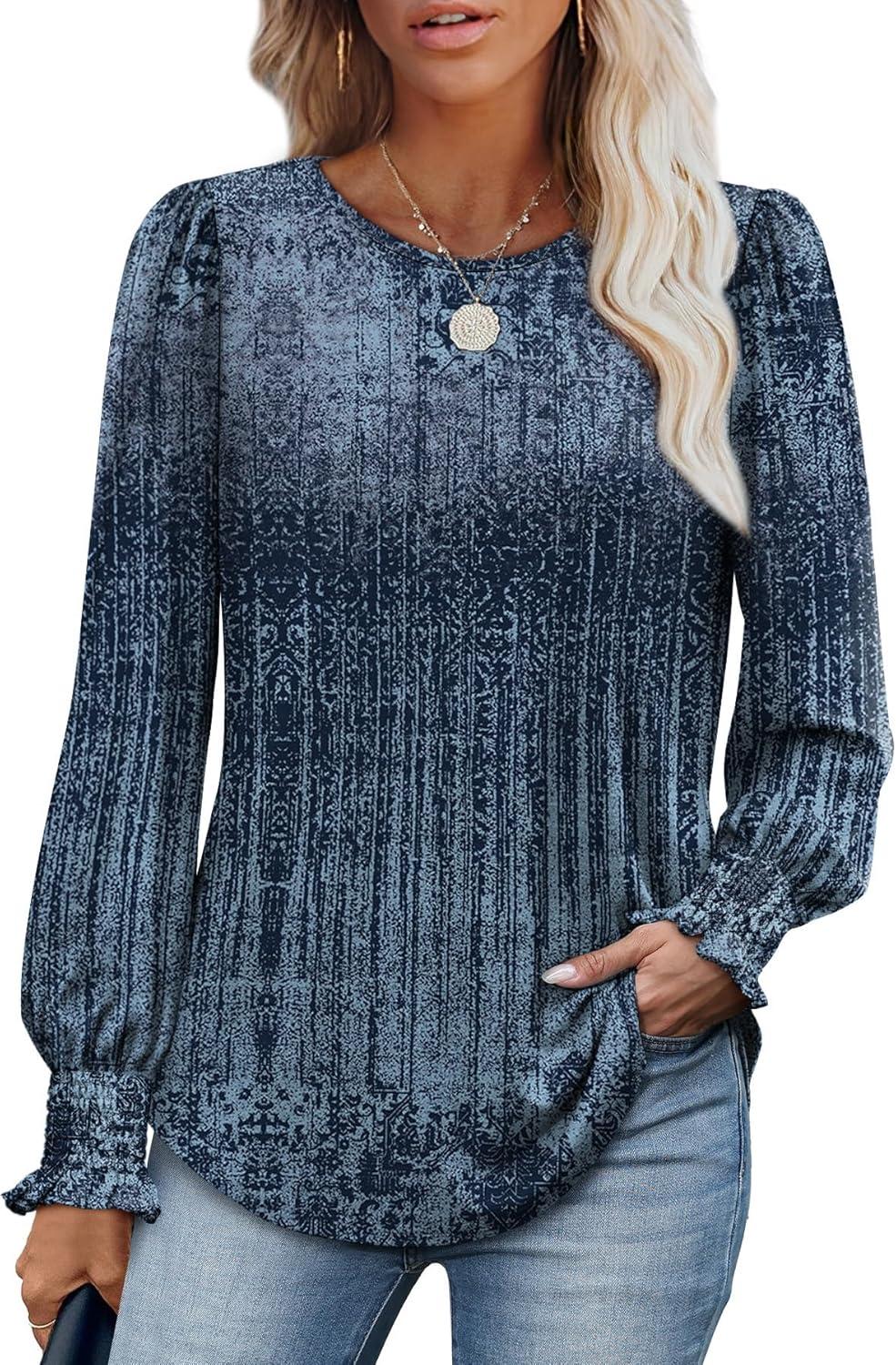 imageXIEERDUO Blouses for Women Dressy Casual Long Sleeve Shirts Fashion Clothing Puff Sleeve Tunic Tops with Smocked CuffsNavy Print