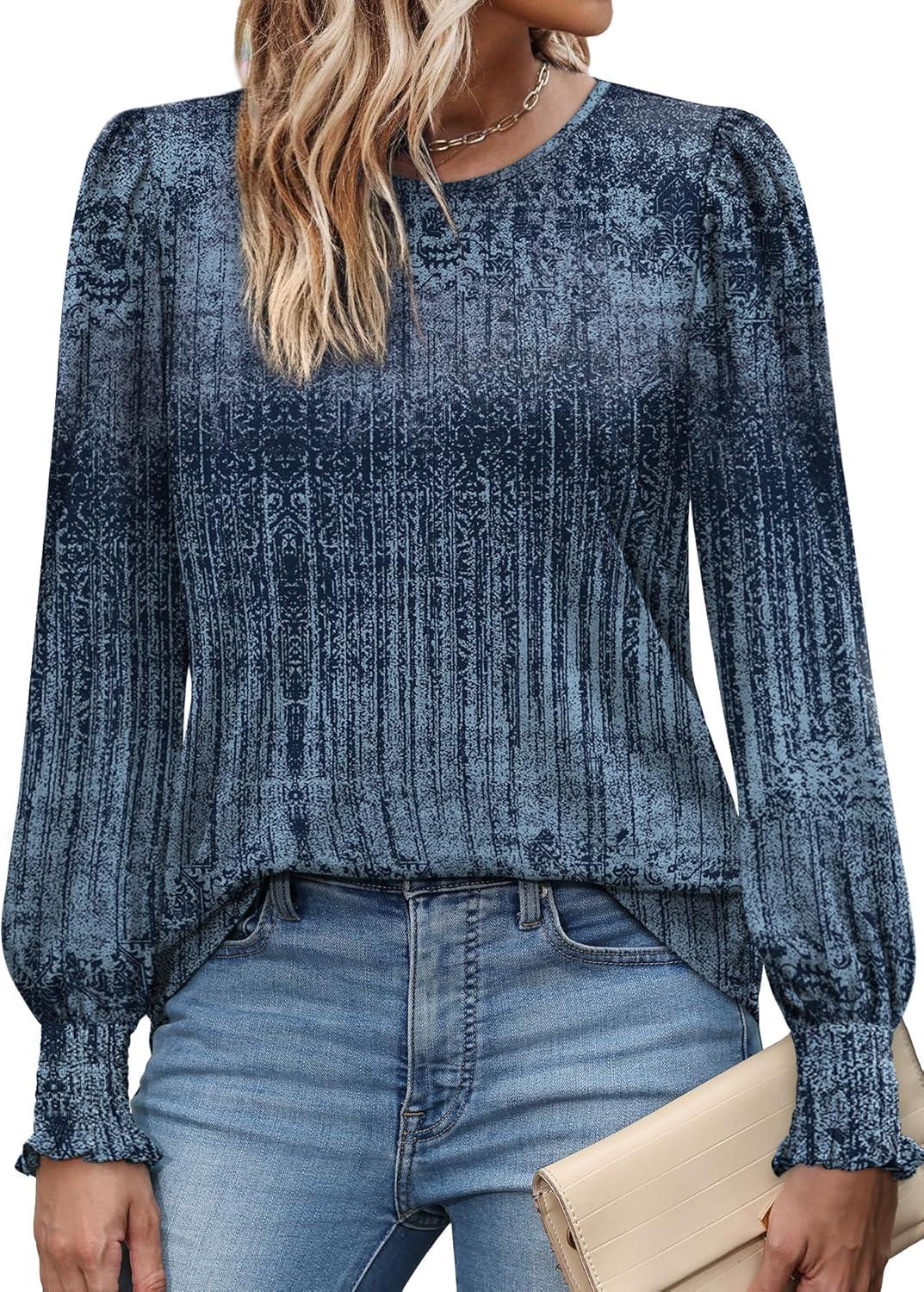 imageXIEERDUO Blouses for Women Dressy Casual Long Sleeve Shirts Fashion Clothing Puff Sleeve Tunic Tops with Smocked CuffsNavy Print