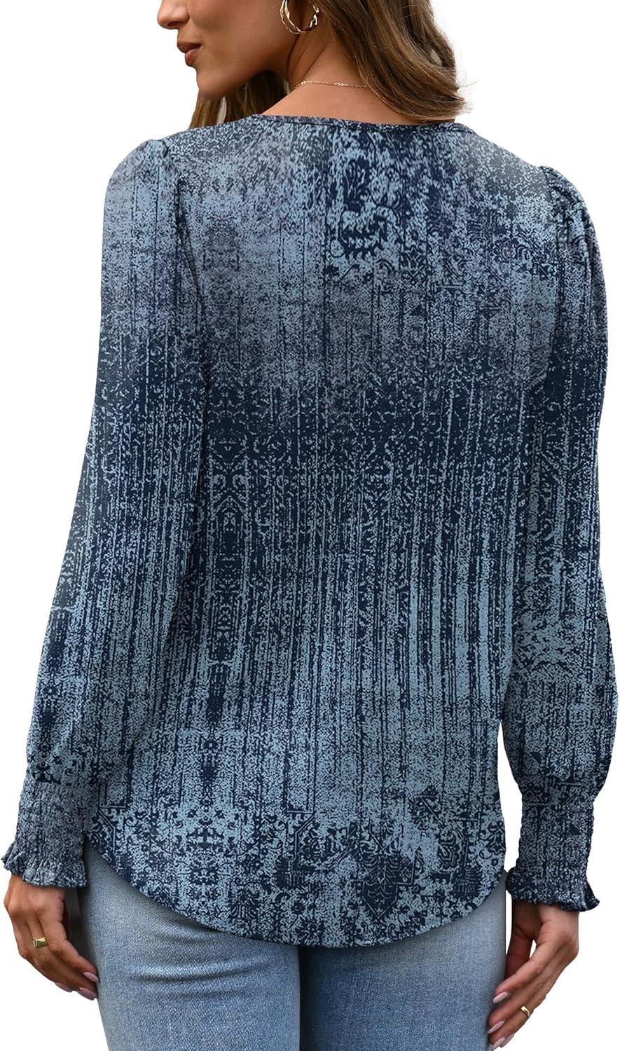 imageXIEERDUO Blouses for Women Dressy Casual Long Sleeve Shirts Fashion Clothing Puff Sleeve Tunic Tops with Smocked CuffsNavy Print