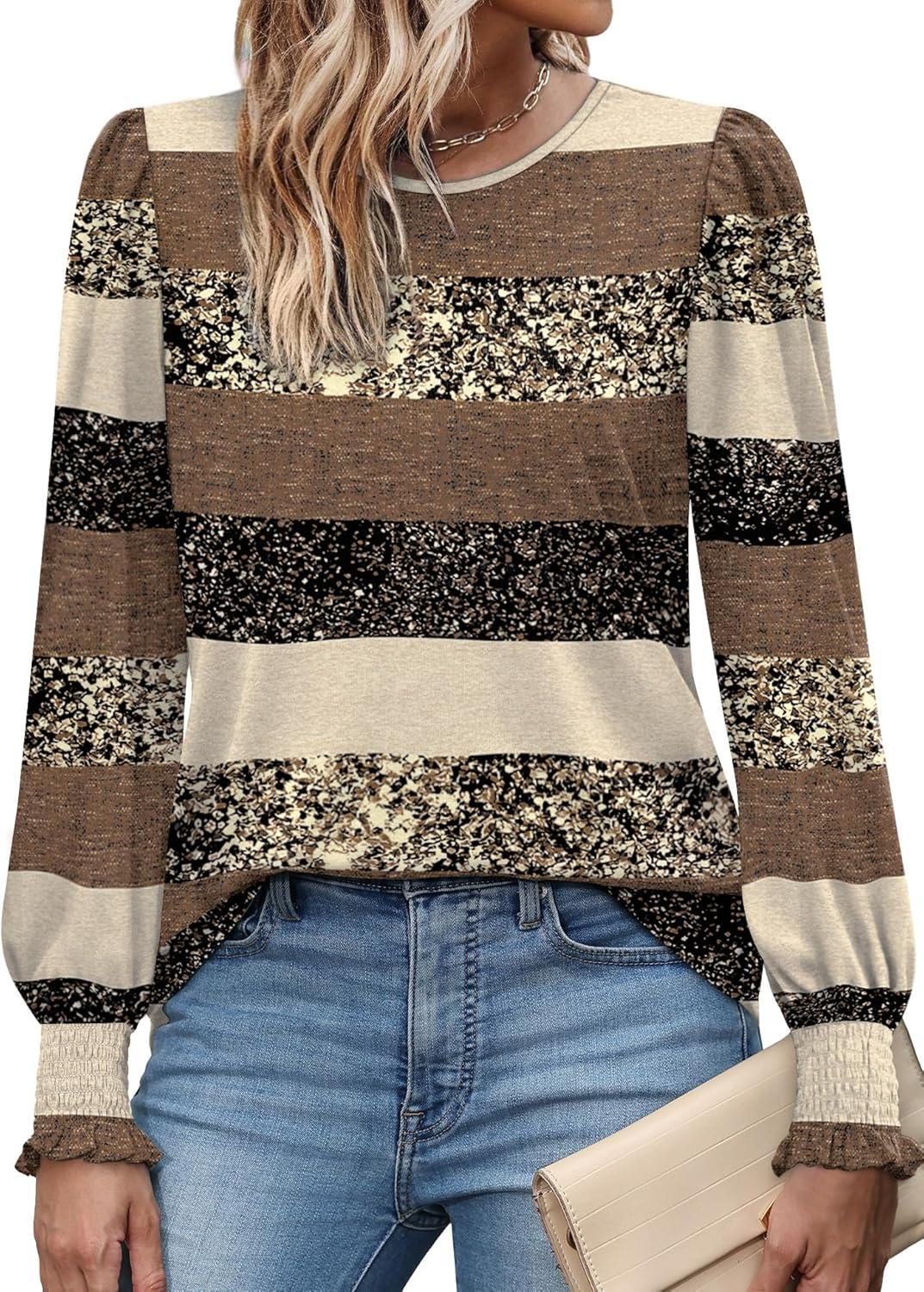 imageXIEERDUO Blouses for Women Dressy Casual Long Sleeve Shirts Fashion Clothing Puff Sleeve Tunic Tops with Smocked CuffsStripe Print