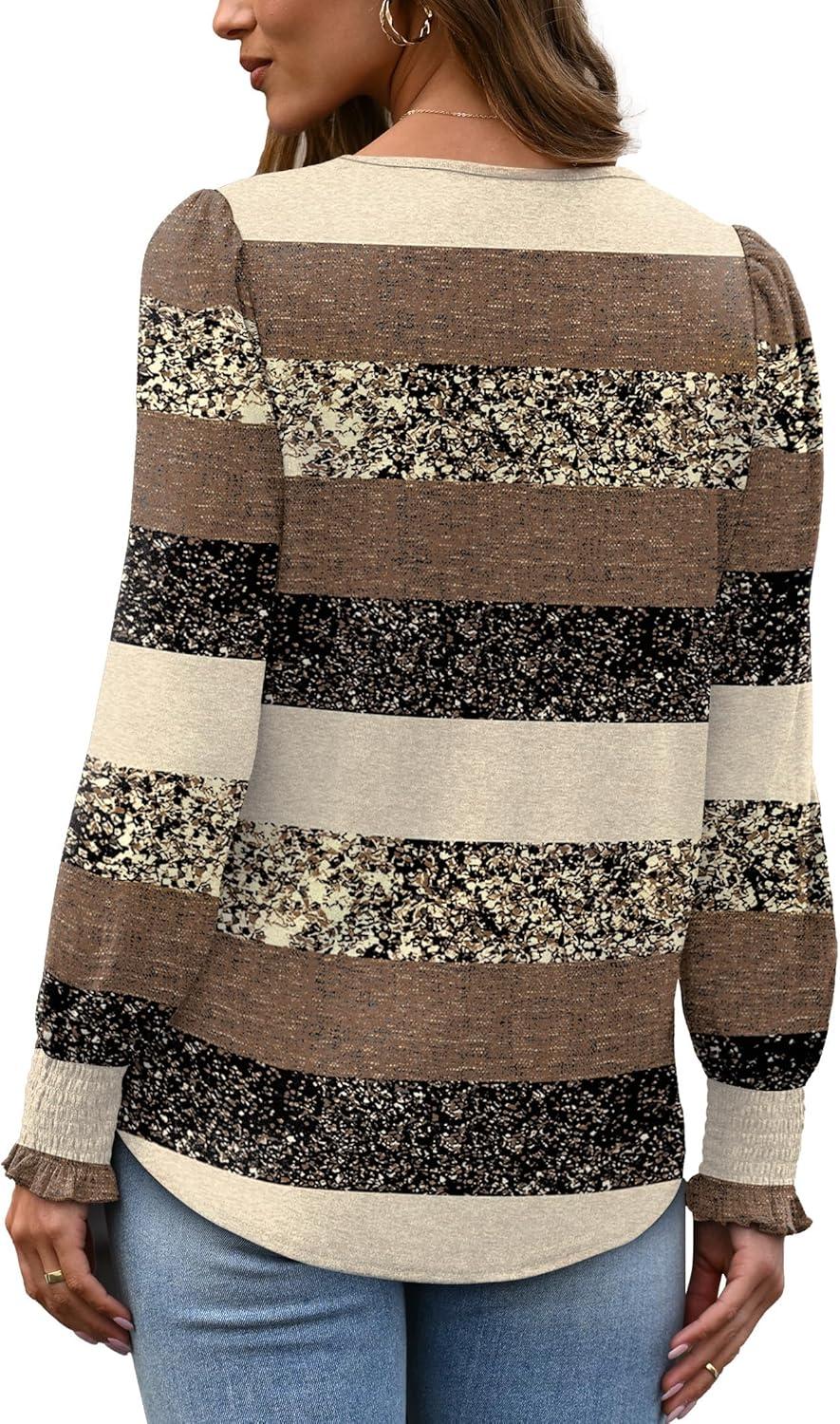 imageXIEERDUO Blouses for Women Dressy Casual Long Sleeve Shirts Fashion Clothing Puff Sleeve Tunic Tops with Smocked CuffsStripe Print