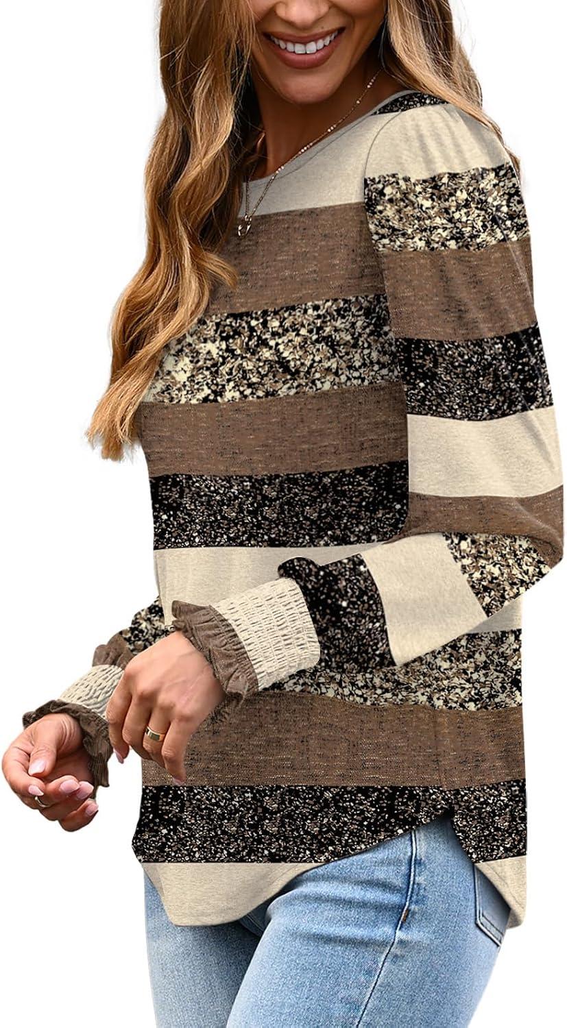 imageXIEERDUO Blouses for Women Dressy Casual Long Sleeve Shirts Fashion Clothing Puff Sleeve Tunic Tops with Smocked CuffsStripe Print