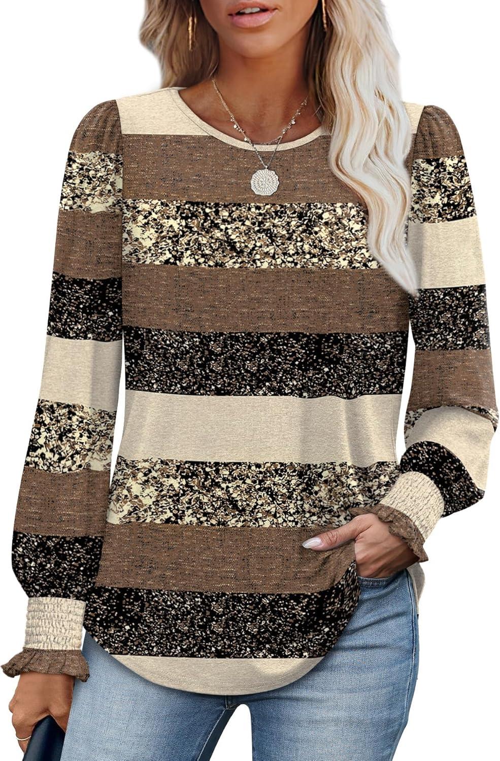 imageXIEERDUO Blouses for Women Dressy Casual Long Sleeve Shirts Fashion Clothing Puff Sleeve Tunic Tops with Smocked CuffsStripe Print