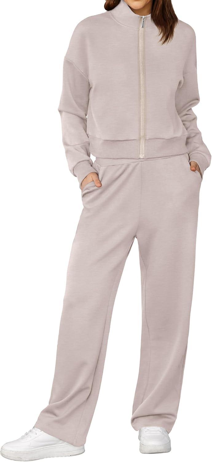 imageXIEERDUO Lounge Sets for Women 2025 Sweatsuit 2 Piece Outfits Sweatshirt Wide Leg Sweatpant Tracksuit Matching SetApricot