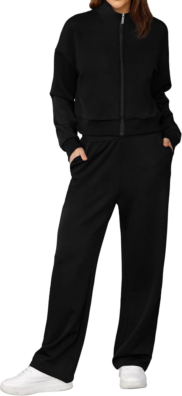 imageXIEERDUO Lounge Sets for Women 2025 Sweatsuit 2 Piece Outfits Sweatshirt Wide Leg Sweatpant Tracksuit Matching SetBlack