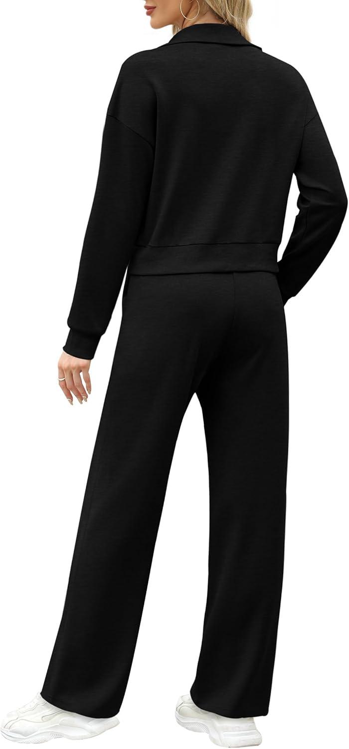 imageXIEERDUO Lounge Sets for Women 2025 Sweatsuit 2 Piece Outfits Sweatshirt Wide Leg Sweatpant Tracksuit Matching SetBlack