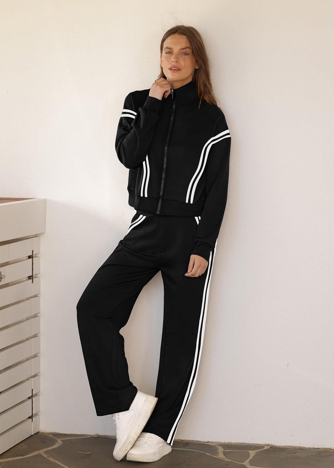 imageXIEERDUO Lounge Sets for Women 2025 Sweatsuit 2 Piece Outfits Sweatshirt Wide Leg Sweatpant Tracksuit Matching SetBlack Splice