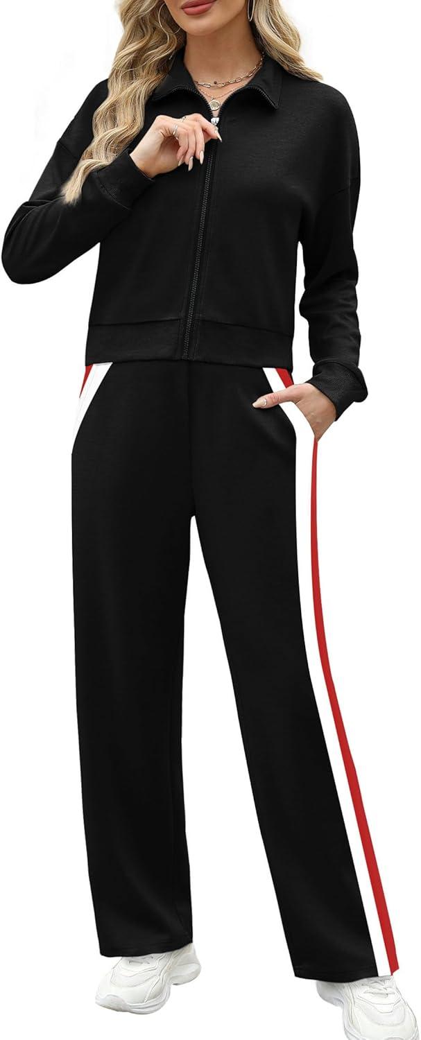 imageXIEERDUO Lounge Sets for Women 2025 Sweatsuit 2 Piece Outfits Sweatshirt Wide Leg Sweatpant Tracksuit Matching SetBlackred