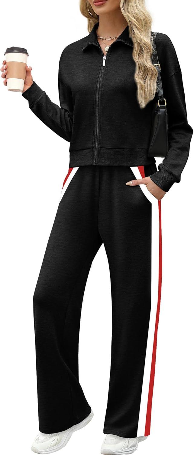 imageXIEERDUO Lounge Sets for Women 2025 Sweatsuit 2 Piece Outfits Sweatshirt Wide Leg Sweatpant Tracksuit Matching SetBlackred