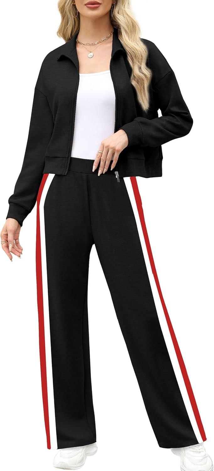 imageXIEERDUO Lounge Sets for Women 2025 Sweatsuit 2 Piece Outfits Sweatshirt Wide Leg Sweatpant Tracksuit Matching SetBlackred