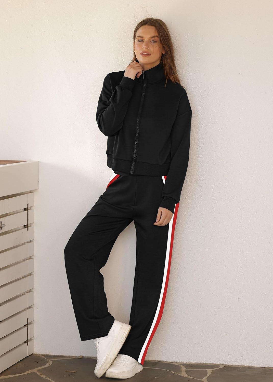 imageXIEERDUO Lounge Sets for Women 2025 Sweatsuit 2 Piece Outfits Sweatshirt Wide Leg Sweatpant Tracksuit Matching SetBlackred