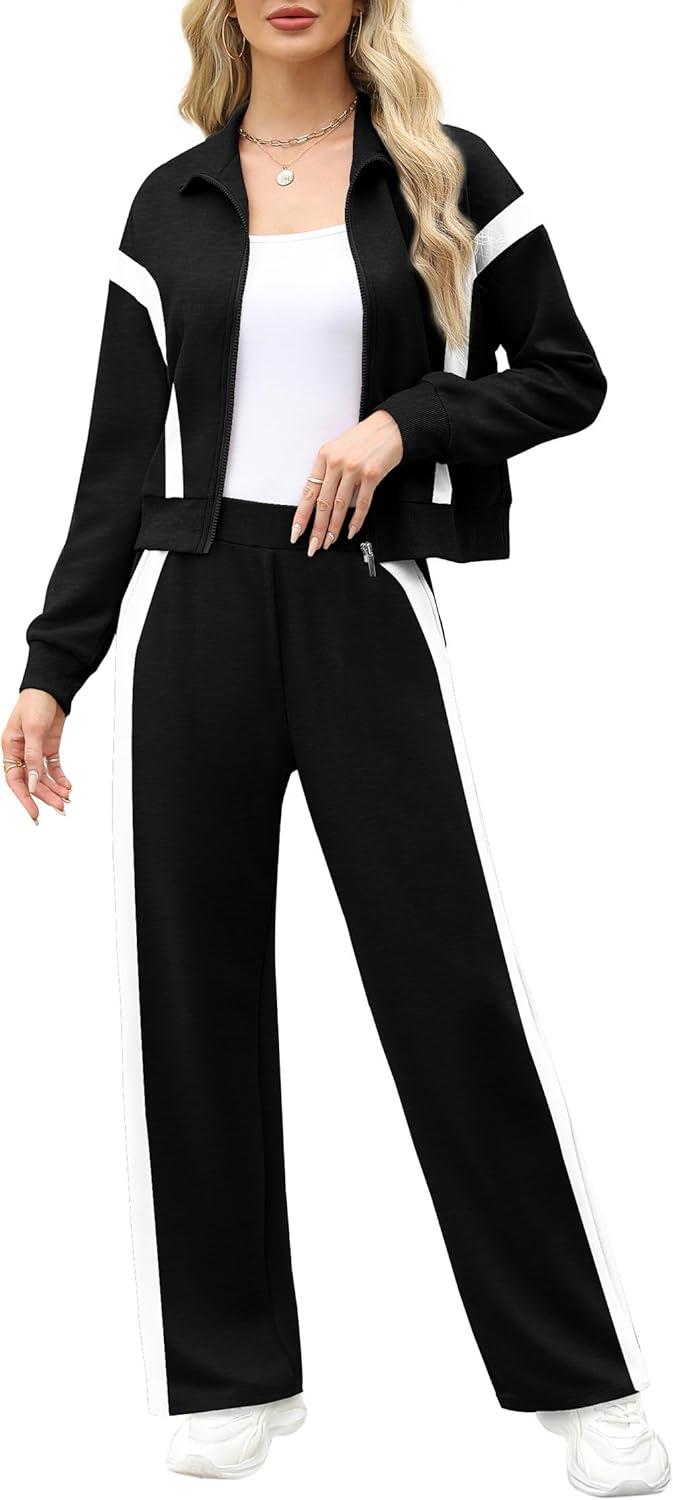 imageXIEERDUO Lounge Sets for Women 2025 Sweatsuit 2 Piece Outfits Sweatshirt Wide Leg Sweatpant Tracksuit Matching SetBlackwhite