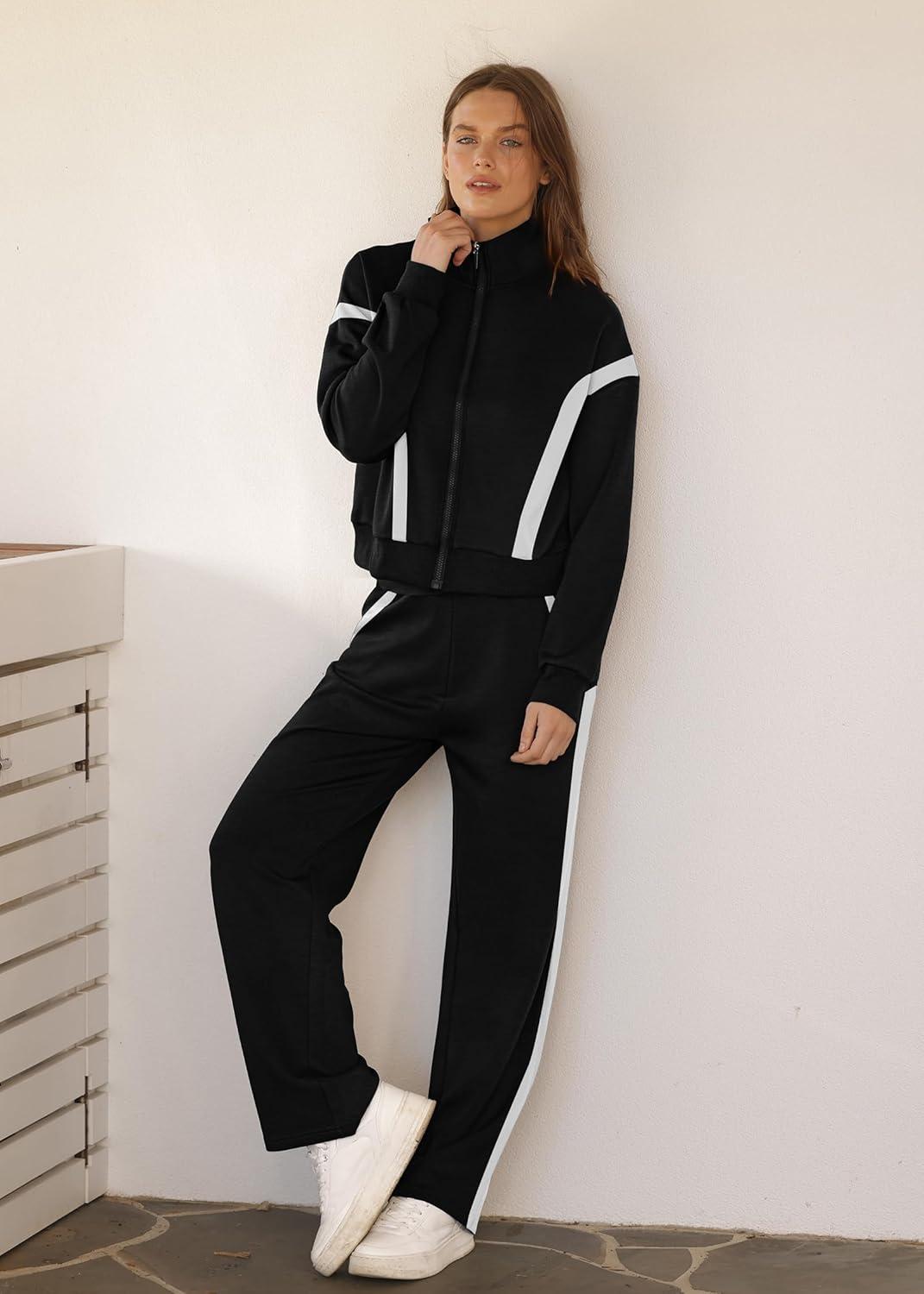 imageXIEERDUO Lounge Sets for Women 2025 Sweatsuit 2 Piece Outfits Sweatshirt Wide Leg Sweatpant Tracksuit Matching SetBlackwhite
