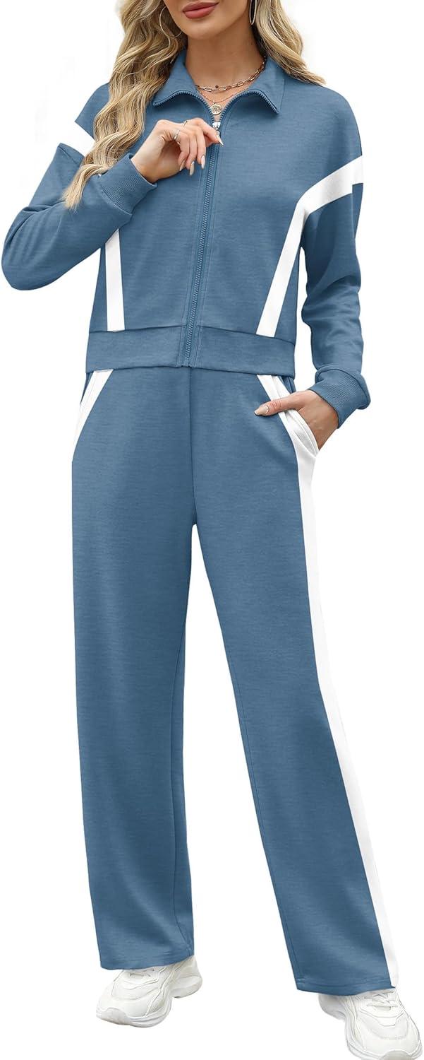 imageXIEERDUO Lounge Sets for Women 2025 Sweatsuit 2 Piece Outfits Sweatshirt Wide Leg Sweatpant Tracksuit Matching SetBluewhite
