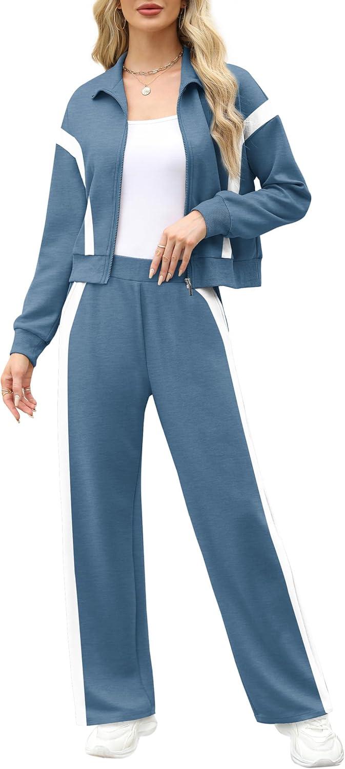 imageXIEERDUO Lounge Sets for Women 2025 Sweatsuit 2 Piece Outfits Sweatshirt Wide Leg Sweatpant Tracksuit Matching SetBluewhite