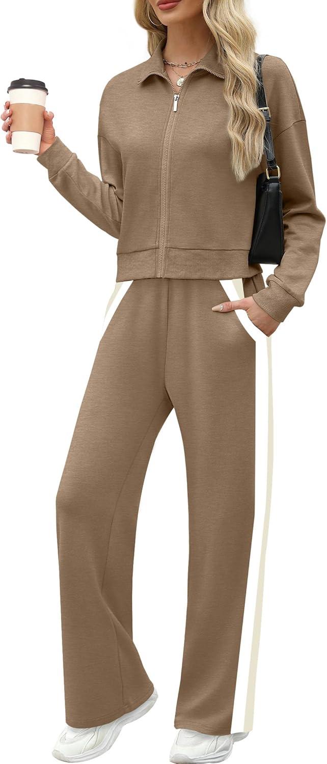 imageXIEERDUO Lounge Sets for Women 2025 Sweatsuit 2 Piece Outfits Sweatshirt Wide Leg Sweatpant Tracksuit Matching SetCoffe