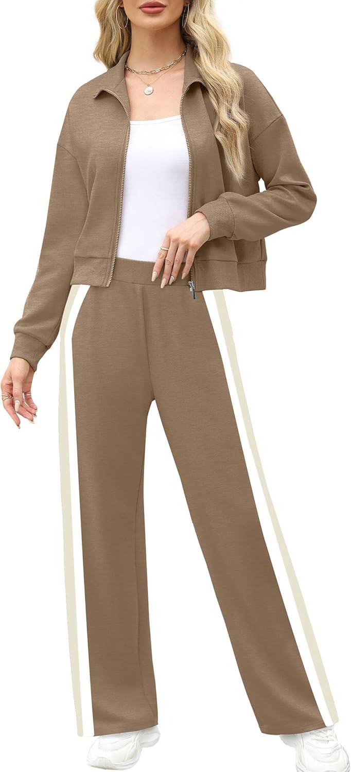 imageXIEERDUO Lounge Sets for Women 2025 Sweatsuit 2 Piece Outfits Sweatshirt Wide Leg Sweatpant Tracksuit Matching SetCoffe