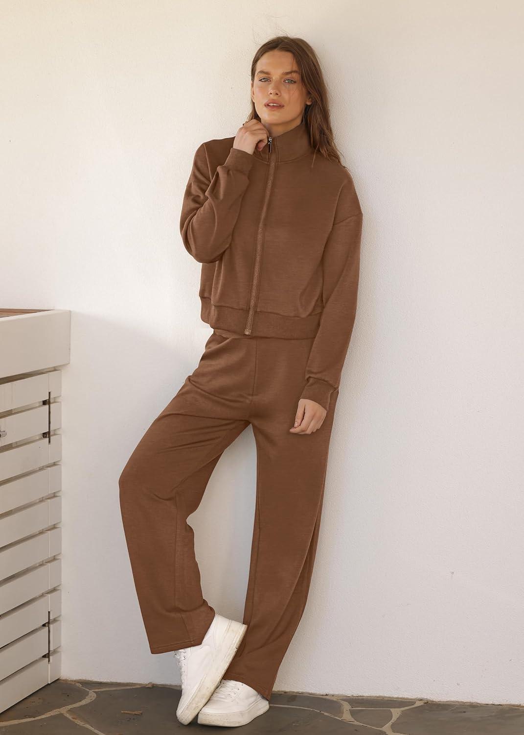 imageXIEERDUO Lounge Sets for Women 2025 Sweatsuit 2 Piece Outfits Sweatshirt Wide Leg Sweatpant Tracksuit Matching SetCoffee Brown
