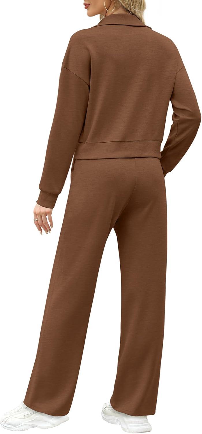 imageXIEERDUO Lounge Sets for Women 2025 Sweatsuit 2 Piece Outfits Sweatshirt Wide Leg Sweatpant Tracksuit Matching SetCoffee Brown