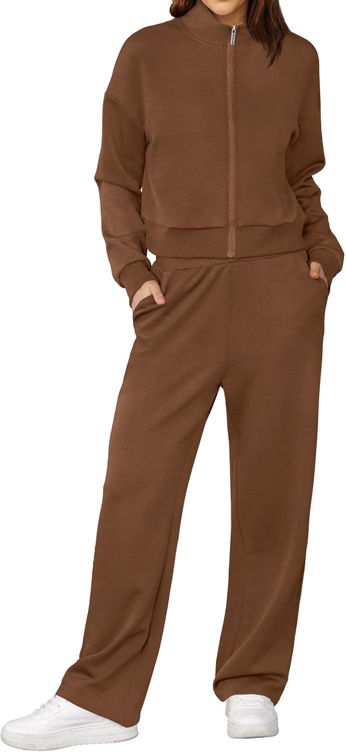 imageXIEERDUO Lounge Sets for Women 2025 Sweatsuit 2 Piece Outfits Sweatshirt Wide Leg Sweatpant Tracksuit Matching SetCoffee Brown