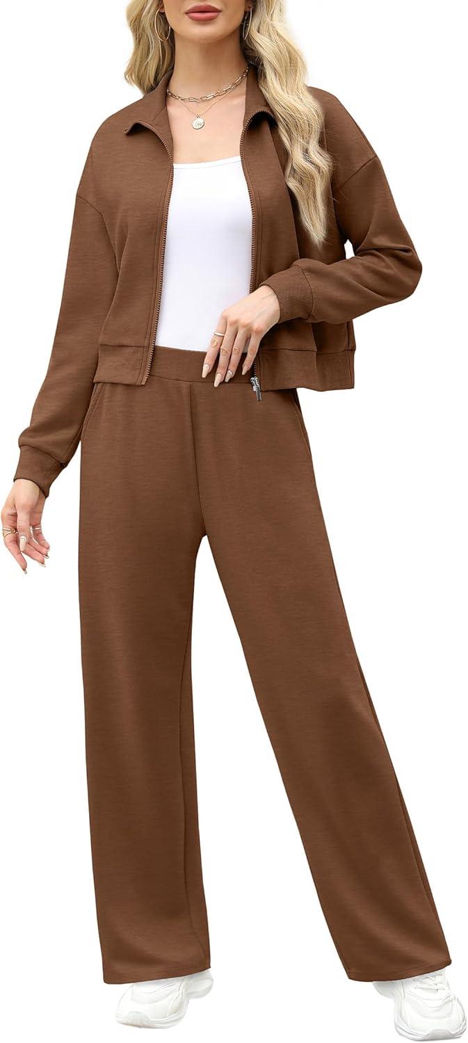 imageXIEERDUO Lounge Sets for Women 2025 Sweatsuit 2 Piece Outfits Sweatshirt Wide Leg Sweatpant Tracksuit Matching SetCoffee Brown