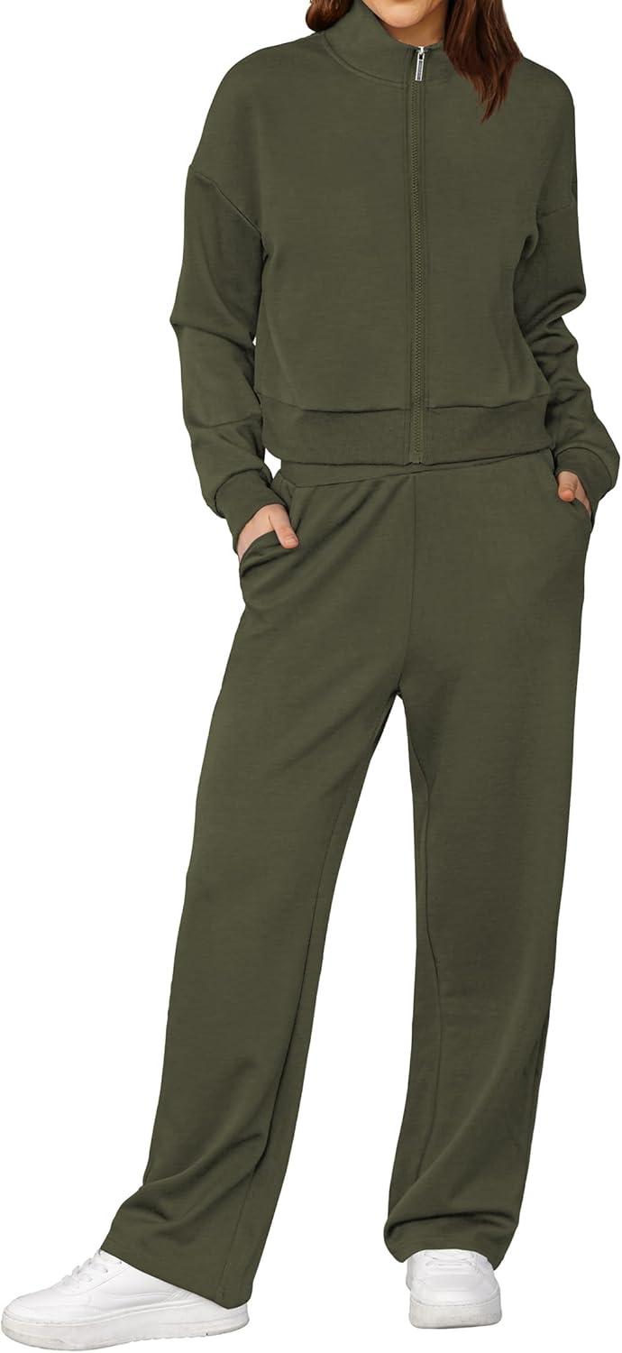 imageXIEERDUO Lounge Sets for Women 2025 Sweatsuit 2 Piece Outfits Sweatshirt Wide Leg Sweatpant Tracksuit Matching SetDark Green