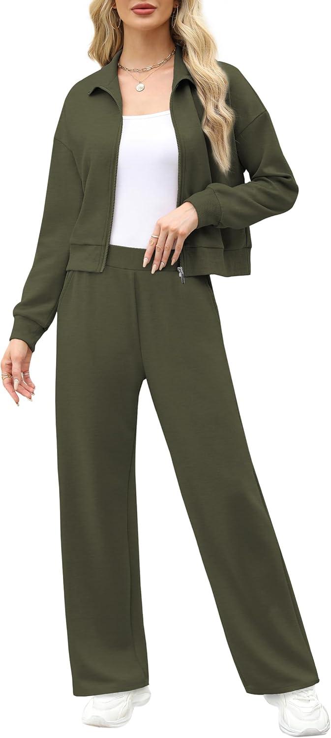 imageXIEERDUO Lounge Sets for Women 2025 Sweatsuit 2 Piece Outfits Sweatshirt Wide Leg Sweatpant Tracksuit Matching SetDark Green