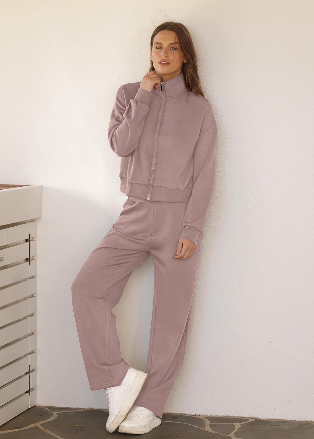 imageXIEERDUO Lounge Sets for Women 2025 Sweatsuit 2 Piece Outfits Sweatshirt Wide Leg Sweatpant Tracksuit Matching SetDark Pink