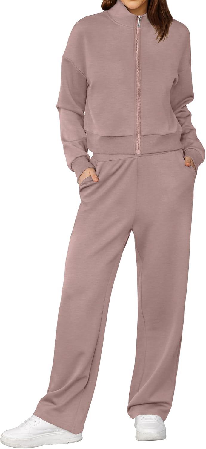 imageXIEERDUO Lounge Sets for Women 2025 Sweatsuit 2 Piece Outfits Sweatshirt Wide Leg Sweatpant Tracksuit Matching SetDark Pink