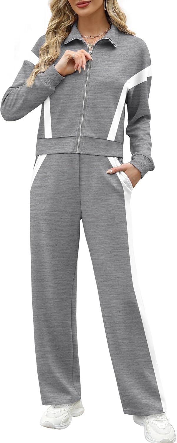 imageXIEERDUO Lounge Sets for Women 2025 Sweatsuit 2 Piece Outfits Sweatshirt Wide Leg Sweatpant Tracksuit Matching SetGreywhite