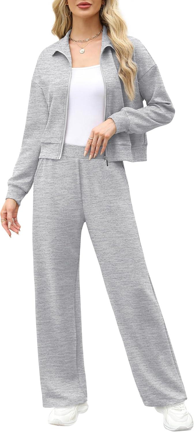 imageXIEERDUO Lounge Sets for Women 2025 Sweatsuit 2 Piece Outfits Sweatshirt Wide Leg Sweatpant Tracksuit Matching SetLight Grey