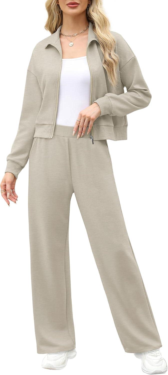 imageXIEERDUO Lounge Sets for Women 2025 Sweatsuit 2 Piece Outfits Sweatshirt Wide Leg Sweatpant Tracksuit Matching SetLight Khaki