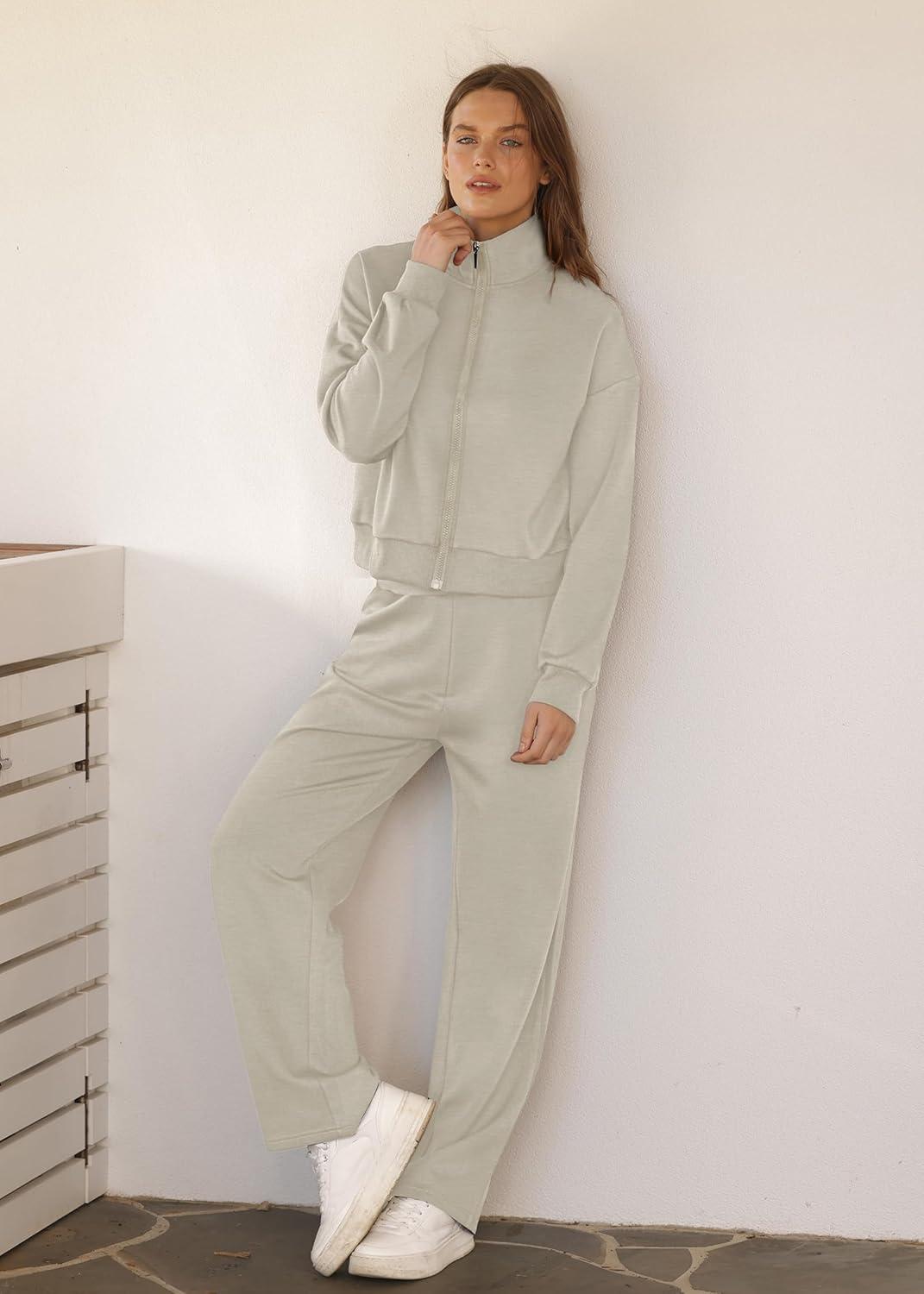 imageXIEERDUO Lounge Sets for Women 2025 Sweatsuit 2 Piece Outfits Sweatshirt Wide Leg Sweatpant Tracksuit Matching SetLight Khaki