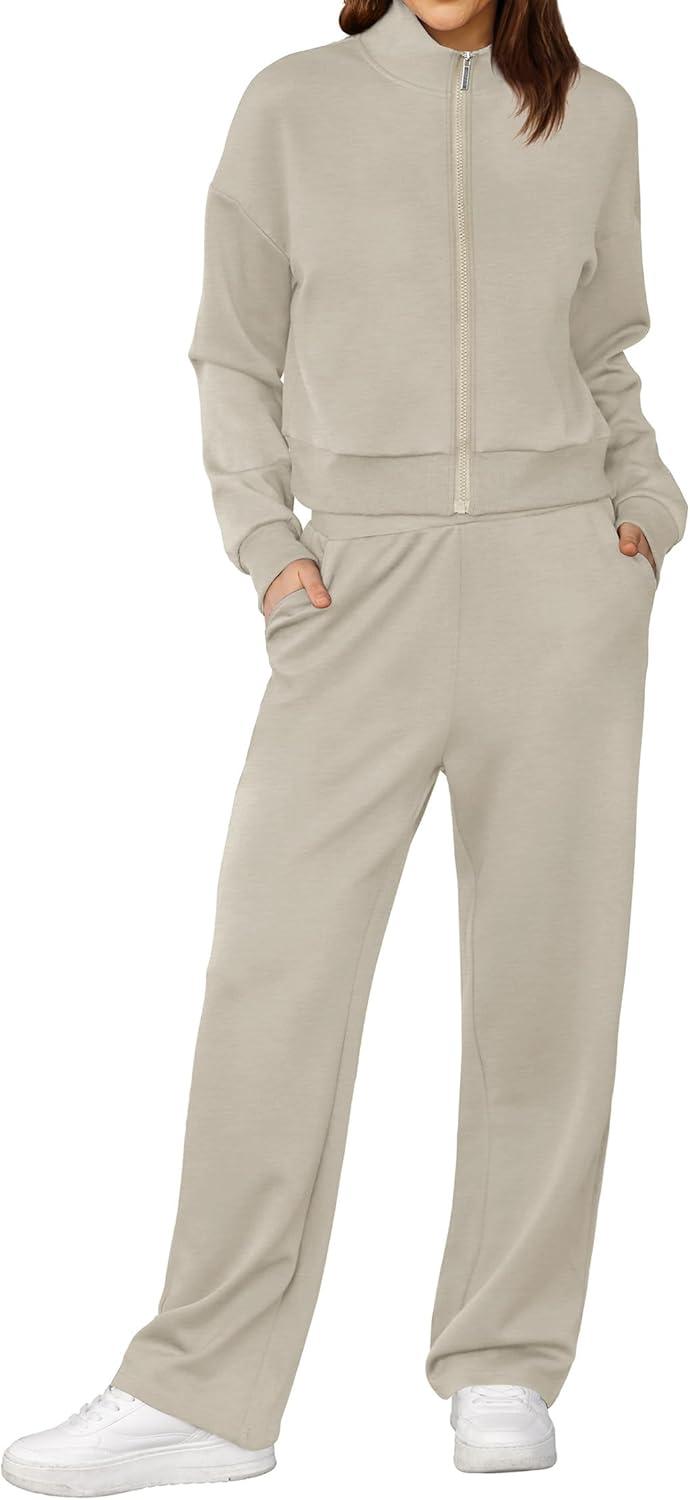 imageXIEERDUO Lounge Sets for Women 2025 Sweatsuit 2 Piece Outfits Sweatshirt Wide Leg Sweatpant Tracksuit Matching SetLight Khaki