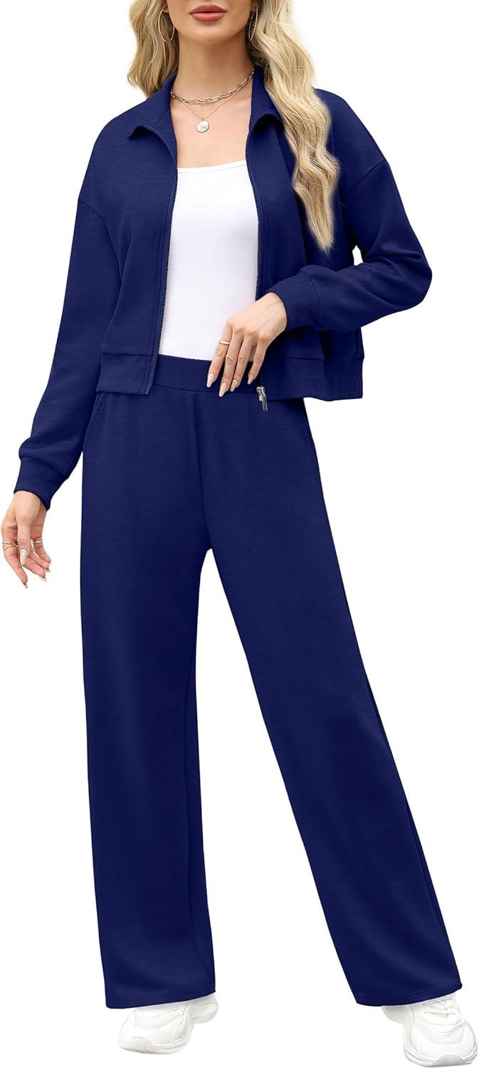 imageXIEERDUO Lounge Sets for Women 2025 Sweatsuit 2 Piece Outfits Sweatshirt Wide Leg Sweatpant Tracksuit Matching SetNavy Blue