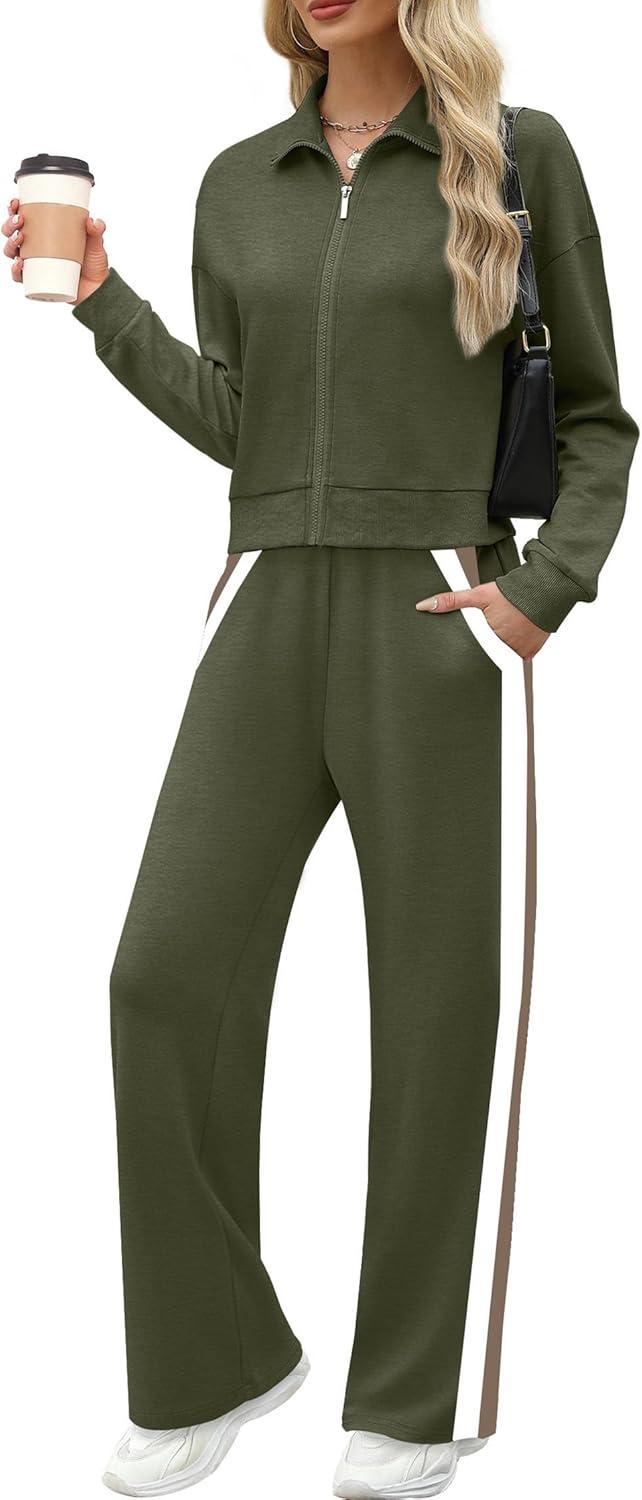 imageXIEERDUO Lounge Sets for Women 2025 Sweatsuit 2 Piece Outfits Sweatshirt Wide Leg Sweatpant Tracksuit Matching SetOlive Green