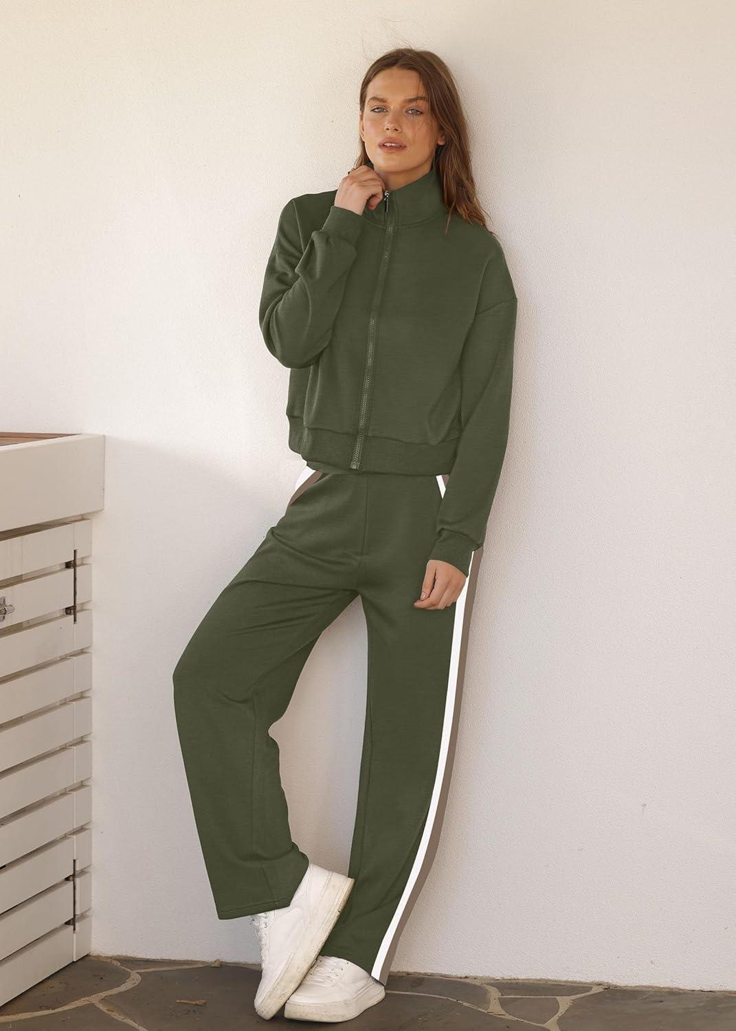 imageXIEERDUO Lounge Sets for Women 2025 Sweatsuit 2 Piece Outfits Sweatshirt Wide Leg Sweatpant Tracksuit Matching SetOlive Green
