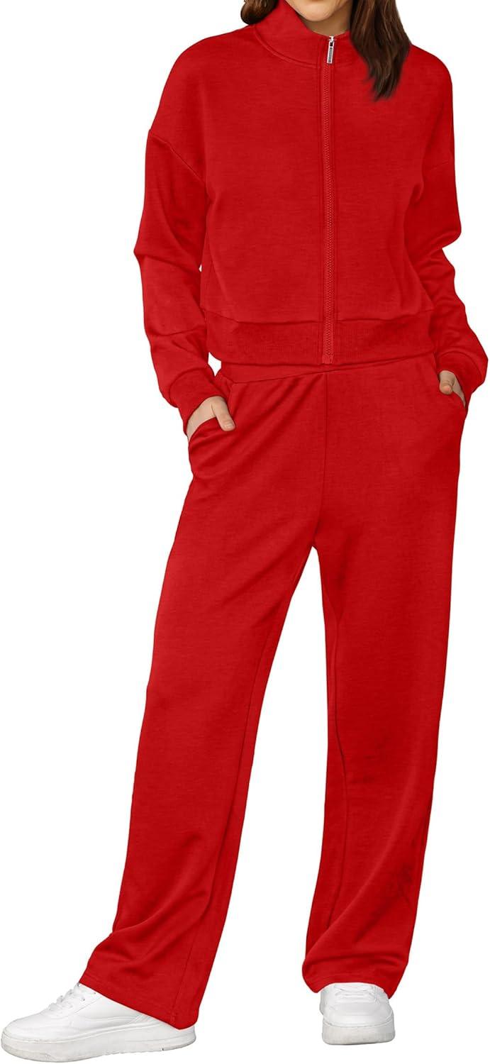 imageXIEERDUO Lounge Sets for Women 2025 Sweatsuit 2 Piece Outfits Sweatshirt Wide Leg Sweatpant Tracksuit Matching SetRed