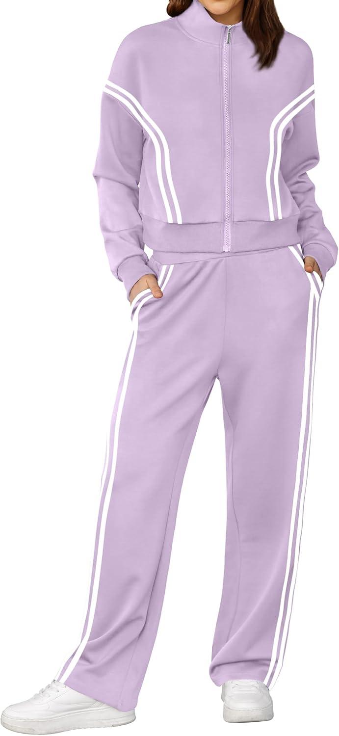 imageXIEERDUO Lounge Sets for Women 2025 Sweatsuit 2 Piece Outfits Sweatshirt Wide Leg Sweatpant Tracksuit Matching SetViolet