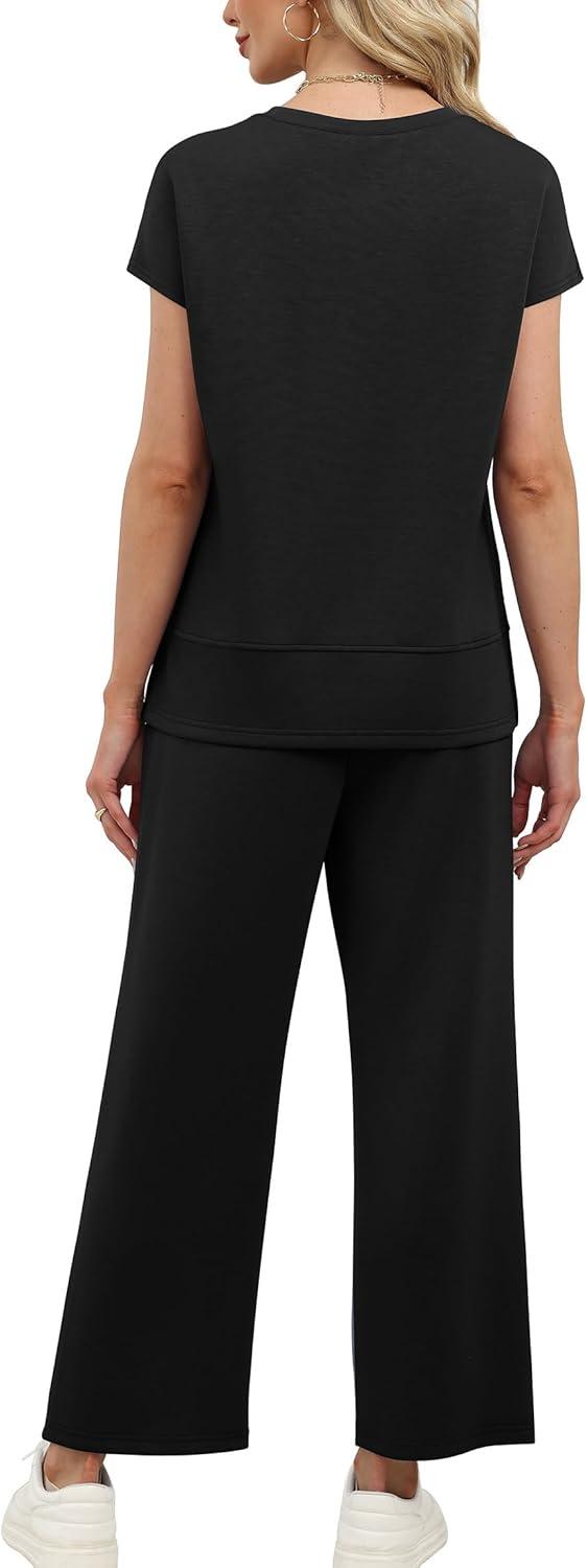 imageXIEERDUO Womens Cap Sleeve Lounge Sets 2 Piece Travel Outfits Airport Tracksuits Wide Leg Loungewear S3XLA Black