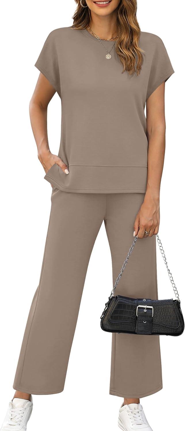 imageXIEERDUO Womens Cap Sleeve Lounge Sets 2 Piece Travel Outfits Airport Tracksuits Wide Leg Loungewear S3XLA Khaki
