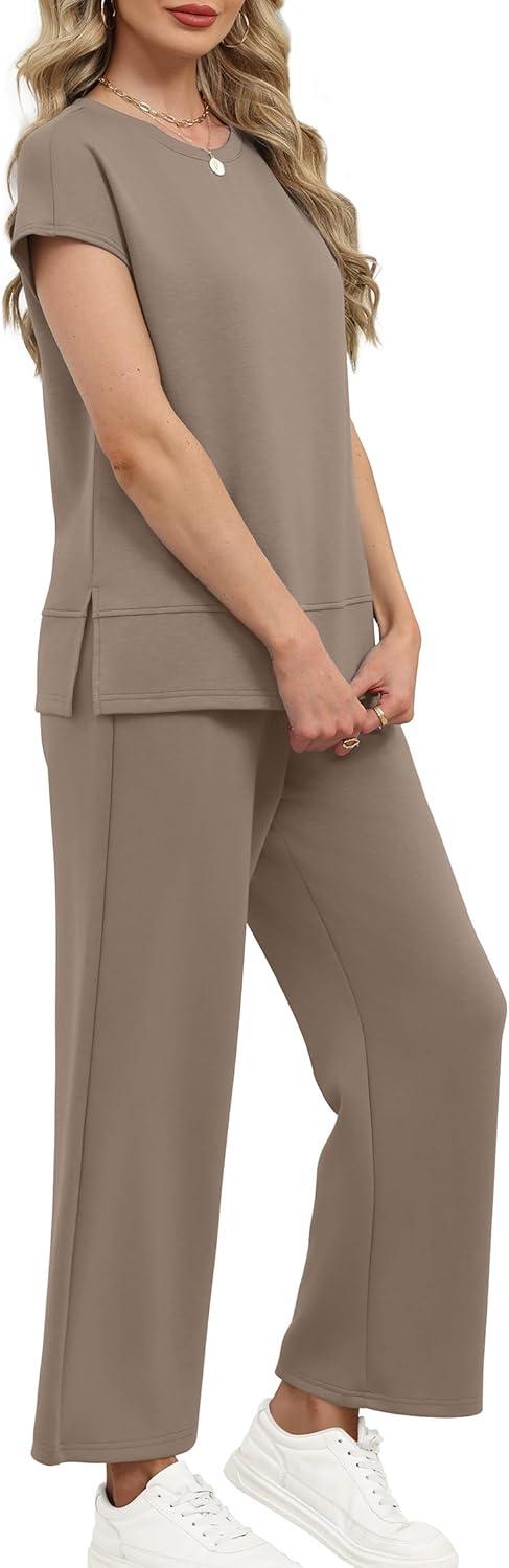 imageXIEERDUO Womens Cap Sleeve Lounge Sets 2 Piece Travel Outfits Airport Tracksuits Wide Leg Loungewear S3XLA Khaki