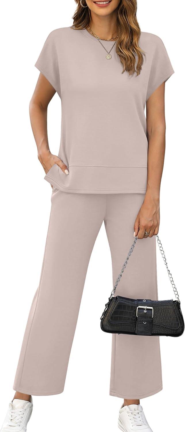 imageXIEERDUO Womens Cap Sleeve Lounge Sets 2 Piece Travel Outfits Airport Tracksuits Wide Leg Loungewear S3XLApricot