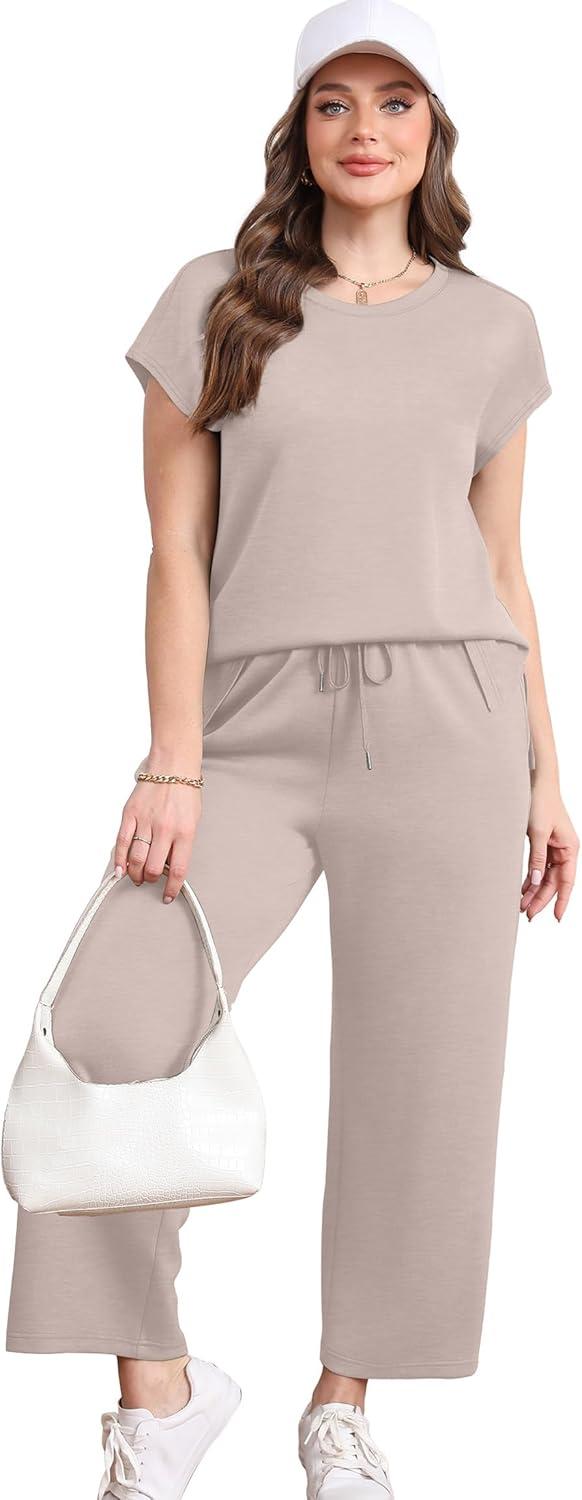 imageXIEERDUO Womens Cap Sleeve Lounge Sets 2 Piece Travel Outfits Airport Tracksuits Wide Leg Loungewear S3XLApricot