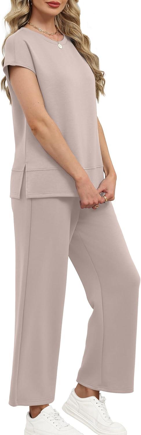 imageXIEERDUO Womens Cap Sleeve Lounge Sets 2 Piece Travel Outfits Airport Tracksuits Wide Leg Loungewear S3XLApricot