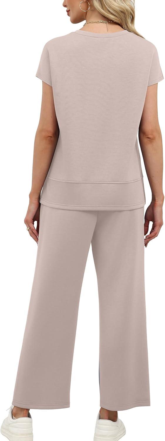 imageXIEERDUO Womens Cap Sleeve Lounge Sets 2 Piece Travel Outfits Airport Tracksuits Wide Leg Loungewear S3XLApricot